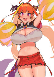 Rule 34 | 1girl, ahoge, breasts, cheerleader, cleavage, cleavage cutout, clothing cutout, cosplay, cropped shirt, dismassd, dragon, dragon girl, dragon horns, dragon tail, gradient eyes, highres, hololive, horns, huge breasts, kiryu coco, looking at viewer, midriff, miniskirt, multicolored eyes, multicolored hair, open mouth, orange eyes, orange hair, plump, pointy ears, pom pom (cheerleading), purple eyes, revealing clothes, skindentation, skirt, smile, solo, tail, thick thighs, thighs, tummy fold, two-tone hair, virtual youtuber