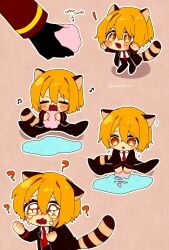 Rule 34 | 1girl, 1other, ?, animal ears, black coat, black pants, blonde hair, blush, coat, commentary, cotton candy, crying, dante (limbus company), don quixote (project moon), highres, limbus company, long hair, musical note, nantekottawo!!, open mouth, pants, project moon, raccoon ears, raccoon tail, sitting, smile, sparkling eyes, tail, washing, yellow eyes