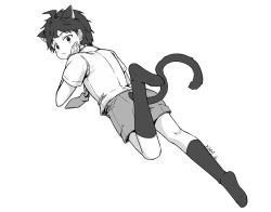 Rule 34 | 1boy, animal ears, artist name, cat boy, cat ears, cat tail, danganronpa (series), danganronpa 2: goodbye despair, dated, extra ears, foot up, from behind, full body, greyscale, hinata hajime, kemonomimi mode, kneehighs, looking at viewer, looking back, lying, male focus, meipoi, monochrome, necktie, no shoes, on stomach, shirt, short hair, short sleeves, shorts, signature, simple background, socks, solo, tail, white background