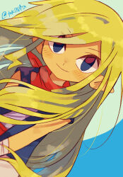 Rule 34 | 1girl, artist name, bandaged arm, bandages, bandana, blonde hair, blue background, blue eyes, blue jacket, blush, closed mouth, commentary request, dutch angle, green background, hair down, highres, jacket, long hair, looking at viewer, nintendo, open clothes, open jacket, parted bangs, pointy ears, purple shirt, red bandana, red sash, sash, shirt, sidelocks, simple background, sleeveless, sleeveless jacket, smile, solo, swept bangs, tan, tetra, the legend of zelda, the legend of zelda: the wind waker, tokuura, twitter username, two-tone background, v-shaped eyebrows, very long hair