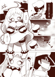 Rule 34 | 10s, 1boy, 1girl, abyssal ship, admiral (kancolle), ahoge, aircraft, airplane, comic, crash, dress, enemy aircraft (kancolle), hat, horns, kantai collection, long hair, military, military uniform, mittens, monochrome, nananana nanana, naval uniform, northern ocean princess, peaked cap, text focus, toy, translation request, uniform