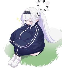 Rule 34 | blue archive, blue eyes, ear piercing, flower, grass, hairband, halo, highres, himari (blue archive), jacket, long hair, ohajiki 0000, on grass, piercing, pointy ears, ponytail, simple background, sitting, smug, sparkle, track jacket, white background