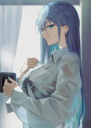 Rule 34 | 1girl, absurdres, black bra, blue eyes, blue hair, blue nails, bra, bra visible through clothes, breasts, closed mouth, collared shirt, commentary request, cup, curtains, dress shirt, ear piercing, highres, holding, holding cup, hyonee, indoors, large breasts, light smile, long hair, long sleeves, looking at viewer, nail polish, original, piercing, profile, see-through, see-through shirt, shirt, sideways mouth, smile, solo, straight hair, underwear, upper body, white shirt, window, wing collar