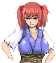 Rule 34 | 1girl, breasts, cleavage, face, female focus, ginji (sakaki summer), huge breasts, onozuka komachi, red eyes, red hair, smirk, solo, touhou, twintails, two side up