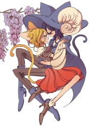 Rule 34 | 2girls, ambiguous gender, animal ears, animal hat, black pants, black shirt, blonde hair, blue cape, blue footwear, blue hair, blue headwear, boots, branch, brown footwear, cape, cat ears, cat girl, cat hat, cat tail, closed eyes, crying, crying with eyes open, facing another, flower, full body, hand on another&#039;s shoulder, hat, hat feather, high heels, hug, invisible chair, knee boots, long sleeves, looking at another, meremero, multiple girls, original, pants, pleated skirt, profile, puffy long sleeves, puffy short sleeves, puffy sleeves, purple flower, red skirt, sad, shirt, shoes, short hair, short sleeves, sitting, skirt, tail, tears, white background
