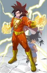 Rule 34 | 2boys, aged down, artist name, black eyes, black hair, bodysuit, boots, cape, clenched hand, cosplay, crack, cracked floor, crossover, dc comics, dougi, dragon ball, dragon ball gt, dual persona, electricity, electrokinesis, full body, glowing, glowing eyes, hand up, highres, lightning, lightning bolt symbol, male focus, multiple boys, muscular, muscular male, mythallica, red bodysuit, shazam, shazam (cosplay), signature, skin tight, sleeveless, smirk, son goku, spiked hair, super saiyan, super saiyan 4, superhero costume, yellow eyes, yellow lightning