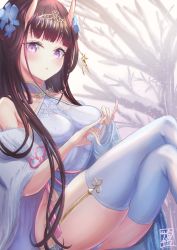 Rule 34 | 1girl, azur lane, bare shoulders, blue dress, blue flower, breasts, brown hair, china dress, chinese clothes, clothing cutout, coat, dress, flower, garter straps, hair flower, hair flowing over, hair ornament, hairpin, halter dress, halterneck, highres, horns, long hair, looking at viewer, medium breasts, noshiro (azur lane), noshiro (fragrance of the eastern snow) (azur lane), official alternate costume, oni horns, purple eyes, shirousagi (sirousagi1998), side cutout, signature, sleeveless, sleeveless dress, snowflake print, snowing, thighhighs, tree, white coat, white thighhighs, winter