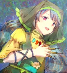 Rule 34 | 1girl, :d, absurdres, apron, arm ribbon, between fingers, blue hair, blue ribbon, commentary, dress, dutch angle, green apron, haniyasushin keiki, head scarf, highres, holding, jewelry, long hair, magatama, magatama necklace, necklace, open mouth, pictor, pocket, puffy short sleeves, puffy sleeves, red eyes, ribbon, short sleeves, sketch, smile, solo, tools, touhou, upper body, very long hair, yellow dress