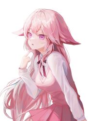 Rule 34 | 1girl, absurdres, animal ears, breasts, finger to mouth, floppy ears, fox ears, genshin impact, highres, long hair, long sleeves, looking at viewer, medium breasts, open mouth, pink hair, pink ribbon, pink shirt, pink sweater, pink theme, pleated skirt, purple eyes, reosroom, ribbon, shirt, simple background, skirt, sleeveless, sleeveless sweater, sleeves past wrists, solo, sweater, white background, white shirt, yae miko