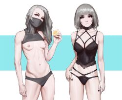 Rule 34 | 2girls, armpit crease, black choker, black nails, black panties, breasts, choker, collarbone, commentary, contrapposto, english commentary, frown, green eyes, grey hair, highres, lingerie, long hair, mask, medium breasts, medium hair, mouth mask, multiple girls, navel, nipples, oliverror, original, panties, skinny, small breasts, underwear