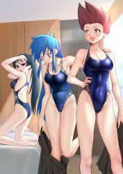 Rule 34 | 3girls, absurdres, ass, barefoot, besmiled, black eyes, black hair, black skirt, blue eyes, blue hair, blue one-piece swimsuit, breasts, commission, competition swimsuit, feet out of frame, ghost sweeper mikami, highleg, highleg swimsuit, highres, himuro kinu, ichimonji mari, kneeling, large breasts, long hair, matching outfits, multiple girls, one-piece swimsuit, pixiv commission, pleated skirt, ponytail, red eyes, red hair, skirt, spiked hair, standing, swimsuit, undressing, yumi kaori