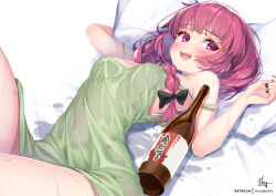 Rule 34 | 1girl, alcohol, bare shoulders, black bow, blunt bangs, blush, bocchi the rock!, bottle, bow, braid, breasts, dress, green dress, hair bow, hair over shoulder, hiroi kikuri, hong (white spider), long hair, looking at viewer, lying, on back, open mouth, purple eyes, purple hair, sake bottle, sharp teeth, single braid, small breasts, smile, solo, teeth, thighs, wet, wet clothes