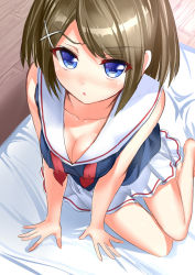 Rule 34 | 10s, 1girl, :o, aldehyde, barefoot, blue eyes, blush, breasts, brown hair, cleavage, collarbone, downblouse, from above, futon, hair ornament, hairclip, highres, kantai collection, looking at viewer, maya (kancolle), neckerchief, personification, revision, shirt, sitting, skirt, solo, v arms, yokozuwari