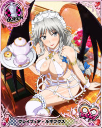 Rule 34 | 1girl, artist request, braid, breasts, card (medium), character name, chess piece, cleavage, covered erect nipples, crossed legs, demon wings, grayfia lucifuge, grey eyes, high school dxd, high school dxd infinity, large breasts, lipstick, long hair, maid headdress, makeup, official art, queen (chess), red lips, silver hair, solo, teapot, thighhighs, trading card, twin braids, wings, wrist cuffs