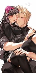 Rule 34 | 1boy, 1girl, bare arms, black hair, black thighhighs, blonde hair, blue eyes, blush, bracelet, cloud strife, couple, duoj ji, earrings, face-to-face, final fantasy, final fantasy vii, final fantasy vii remake, flower, hair flower, hair ornament, heads together, heart, highres, hug, japanese clothes, jewelry, kimono, long hair, looking at another, official alternate costume, one eye closed, red eyes, red lips, sitting, sitting on lap, sitting on person, sleeveless, sleeveless turtleneck, spiked hair, sweater, thighhighs, tifa lockhart, tifa lockhart (exotic dress), turtleneck, turtleneck sweater, wall market, white background