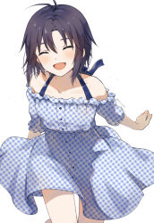 Rule 34 | 1girl, bare shoulders, black hair, closed eyes, idolmaster, kikuchi makoto, looking at viewer, mogskg, open mouth, simple background, smile, solo