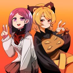Rule 34 | 2girls, black shirt, black survival, blonde hair, blush, bow, braid, breasts, brown bow, brown dress, brown skirt, cardigan, closed mouth, collared shirt, commentary request, cowboy shot, crossover, crown braid, dress, flat chest, gradient background, hair bow, hair bun, hyejin (black survival), kurodani yamame, large breasts, long sleeves, looking at viewer, medium hair, multiple girls, open mouth, orange background, pinafore dress, purple eyes, purple hair, red eyes, red shirt, ribbon, rinyamame, shirt, skirt, sleeveless dress, smile, touhou, v, white cardigan, yellow ribbon