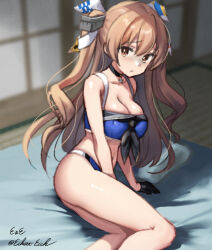 Rule 34 | 1girl, artist name, bikini, black gloves, blue bikini, breasts, brown eyes, cleavage, eckert&amp;eich, feet out of frame, futon, gloves, hair ribbon, johnston (kancolle), kantai collection, light brown hair, long hair, looking at viewer, medium breasts, official alternate costume, one-hour drawing challenge, ribbon, single glove, solo, swimsuit, tatami, twitter username, two side up