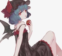 Rule 34 | 1girl, :p, alternate costume, apple, bat wings, black dress, blue hair, dress, food, fruit, hat, holding, looking at viewer, mob cap, red eyes, reeh (yukuri130), remilia scarlet, short hair, simple background, sitting, sketch, solo, tongue, tongue out, touhou, white background, wings