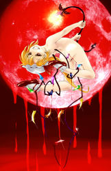 Rule 34 | 1girl, ass, blonde hair, blood, bobby socks, colored eyelashes, flandre scarlet, full moon, grin, hair ribbon, hat, highres, laevatein, leaning back, mary janes, moon, nude, red eyes, red moon, ribbon, shoes, short hair, side ponytail, smile, socks, solo, touhou, wings, wys 1981