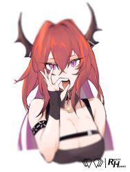 Rule 34 | 1girl, arknights, armband, artist name, blurry, bra, breasts, cleavage, detached collar, fellatio gesture, gloves, highres, horns, infection monitor (arknights), large breasts, long hair, purple eyes, red hair, rustyhermitco, sexually suggestive, signature, slit pupils, solo, surtr (arknights), tongue, tongue out, underwear, white background
