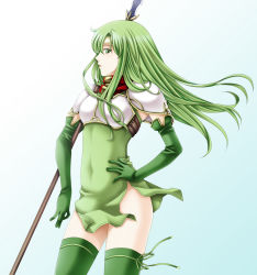 Rule 34 | 1girl, armor, boots, breastplate, dress, elbow gloves, fire emblem, fire emblem: mystery of the emblem, gloves, green eyes, green hair, green skirt, hand on own hip, headband, highres, matching hair/eyes, nintendo, open mouth, palla (fire emblem), pauldrons, pegasus knight uniform (fire emblem), polearm, red scarf, scarf, short dress, shoulder armor, side slit, skirt, sleeveless, sleeveless dress, solo, spear, tamamon, thigh boots, thighhighs, weapon