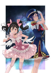 Rule 34 | 2girls, black hair, blue hair, happy party train, hat, highres, in-franchise crossover, love live!, love live! school idol project, love live! sunshine!!, matsuura kanan, multiple girls, nico nico nii, redame, train conductor, twintails, whistle, yazawa nico