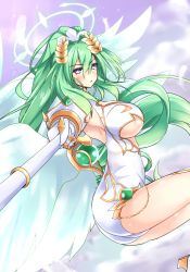 Rule 34 | 1girl, blush, breasts, cleavage, four goddesses online: cyber dimension neptune, green hair, green heart (neptunia), large breasts, leotard, long hair, looking at viewer, neptune (series), polearm, ponytail, power symbol, power symbol-shaped pupils, purple eyes, solo, spear, symbol-shaped pupils, vert (neptunia), very long hair, warabi mochi (ehimedaisuki), weapon