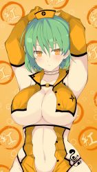 Rule 34 | 1girl, absurdres, armpits, arms behind head, arms up, breasts, choker, cleavage, closed mouth, collarbone, commentary request, earrings, elbow gloves, gloves, green hair, hat, highres, hikage (senran kagura), jewelry, large breasts, looking at viewer, medium hair, navel, nurse cap, orange background, orange eyes, orange gloves, orange hat, senran kagura, single earring, solo, tattoo, tenpesuto, upper body
