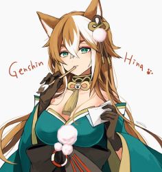 Rule 34 | 1girl, animal ears, aqua kimono, bad id, bad pixiv id, black bow, bow, breasts, brown gloves, brown hair, calligraphy brush, character name, cleavage, collarbone, commentary request, copyright name, dog ears, genshin impact, gloves, green eyes, hair between eyes, hair ornament, hina (genshin impact), holding, holding brush, holding paintbrush, holding paper, japanese clothes, kimono, large bow, large breasts, long hair, looking at viewer, multicolored hair, off shoulder, paintbrush, paper, paw print, pom pom (clothes), pom pom hair ornament, simple background, solo, streaked hair, submarine (o0azure0o), tassel, upper body, white background, white hair