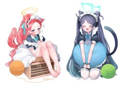 Rule 34 | 2girls, absurdly long hair, absurdres, animal ears, apron, aris (blue archive), aris (maid) (blue archive), barefoot, black dress, black hair, blue archive, blush, cat ears, cat tail, closed eyes, closed mouth, dress, frilled apron, frilled dress, frills, green halo, halo, highres, long hair, maid apron, multiple girls, open mouth, pantyhose, piyon (pyon piiii), puffy short sleeves, puffy sleeves, purple eyes, red hair, short sleeves, simple background, smile, tail, toes, twintails, very long hair, white apron, white background, white pantyhose, yellow halo, yuzu (blue archive), yuzu (maid) (blue archive)
