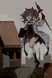 Rule 34 | 1girl, absurdres, angelina (arknights), animal ears, arknights, bag, black footwear, black gloves, black shirt, black shorts, black socks, brown eyes, brown hair, building, chinese commentary, cloud, coat, commentary request, floating, fox ears, full body, gloves, grey sky, hairband, highres, holding, holding staff, infection monitor (arknights), kineta, long hair, long sleeves, looking at viewer, midair, open clothes, open coat, open mouth, outdoors, red hairband, shirt, shoes, short shorts, shorts, shoulder bag, sky, smile, sneakers, socks, solo, staff, twintails, white coat