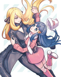 Rule 34 | 2girls, :o, beanie, black coat, black hair, black pants, blonde hair, blue eyes, blush, boots, breasts, cleavage, closed mouth, coat, commentary request, creatures (company), cynthia (pokemon), dawn (pokemon), floating hair, fur-trimmed coat, fur collar, fur trim, game freak, grey eyes, hair ornament, hair over one eye, hairclip, hat, highres, holding hands, izumi (2476264), large breasts, leg up, long hair, long sleeves, looking up, medium breasts, multiple girls, nintendo, over-kneehighs, pants, poke ball print, pokemon, pokemon dppt, pokemon platinum, scarf, sweatdrop, thighhighs, v-neck, very long hair, white headwear, white scarf