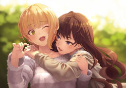 Rule 34 | 10s, 2girls, :3, :d, ;3, ;d, arm around shoulder, blonde hair, blurry, blush, brown hair, collarbone, day, depth of field, earrings, eyebrows, female focus, fur trim, green eyes, hand on another&#039;s arm, holding another&#039;s arm, hug, ichinose shiki, idolmaster, idolmaster cinderella girls, jewelry, long hair, long sleeves, looking at another, looking at viewer, miyamoto frederica, multiple girls, nail polish, one eye closed, open mouth, own hands together, palms, pink lips, pink nails, purple eyes, short hair, smile, striped, terumii, upper body, wince, yuri