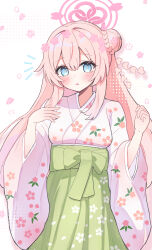 Rule 34 | 1girl, alternate costume, blue archive, blue eyes, blush, breasts, floral print, green hakama, hair between eyes, hair bun, hakama, halo, highres, japanese clothes, kimono, large breasts, long hair, long sleeves, looking at viewer, mimori (blue archive), open mouth, pink hair, pink halo, pink kimono, print kimono, sateto (user knrf2332), single side bun, solo, wide sleeves