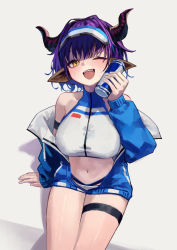 Rule 34 | 1girl, ;d, absurdres, animal ears, arknights, arm strap, bare shoulders, bikini, bikini under clothes, blue jacket, blush, breasts, can, can to cheek, cow ears, cow girl, cow horns, drink can, highres, holding, holding can, horns, jacket, large breasts, long sleeves, looking at viewer, official alternate costume, one eye closed, open mouth, purple hair, short hair, sideroca (arknights), sideroca (light breeze) (arknights), simple background, sitting, smile, soda can, solo, swimsuit, thigh strap, white background, white bikini, yellow eyes, yoon cook
