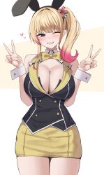Rule 34 | 1girl, animal ears, bare shoulders, black vest, blonde hair, blush, bow, bowtie, breasts, bunny garden, cleavage, collared vest, cowboy shot, detached collar, double v, fake animal ears, flower, gradient hair, hair flower, hair ornament, heart, highres, large breasts, leotard, long hair, miniskirt, multicolored hair, one eye closed, parted lips, pink hair, playboy bunny, purple eyes, rabbit ears, rin (bunny garden), side ponytail, simple background, skirt, smile, v, vest, wabimochi, white background, yellow bow, yellow bowtie, yellow skirt