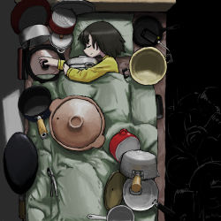Rule 34 | 1girl, absurdres, black hair, closed eyes, from above, frying pan, highres, long sleeves, lying, medium hair, mo ma shima, on side, original, pillow, pot, shirt, sleeping, smile, solo, under covers, yellow shirt
