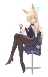 Rule 34 | 1girl, 723 chfhrqur, absurdres, animal ear fluff, animal ears, black bow, black bowtie, black footwear, black leotard, black pantyhose, blonde hair, blue archive, blue eyes, blue halo, blush, bow, bowtie, breasts, chair, cleavage, clenched teeth, cuffs, detached collar, full body, halo, high heels, highres, kanna (blue archive), large breasts, leotard, long hair, looking at viewer, pantyhose, shackles, simple background, solo, strapless, strapless leotard, teeth, white background