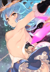 Rule 34 | 10s, 1girl, animal ears, armpits, back, back focus, backless outfit, bare back, bare shoulders, blue hair, blue skirt, breasts, cape, earrings, erune, ferry (granblue fantasy), from behind, granblue fantasy, jewelry, long hair, looking at viewer, medium breasts, miniskirt, open mouth, outstretched arms, rabbit ears, sideboob, single earring, skirt, solo, tatami to hinoki, upper body, wavy hair, yellow eyes