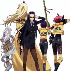 Rule 34 | 10s, 5girls, adjusting eyewear, adjusting glasses, ass, black hair, breasts, business suit, butt crack, cyclops, doppel (monster musume), formal, glasses, gun, handgun, heterochromia, highres, large breasts, legs, long hair, looking over eyewear, looking over glasses, manako, monster girl, monster musume no iru nichijou, ms. smith, multiple girls, nude, ogre, one-eyed, pistol, purple hair, red hair, rifle, short hair, simple background, skirt, smile, standing, stitched, suit, sunglasses, thighhighs, third-party edit, tinted eyewear, tionishia, weapon, white hair, yellow eyes, zombina (monster musume)