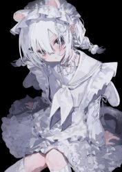 Rule 34 | 1girl, animal ears, arm support, black background, braid, cat ears, choker, closed mouth, dress, ear piercing, frilled dress, frills, grey eyes, hair between eyes, hair ornament, hairclip, head tilt, highres, jewelry, knees together feet apart, long sleeves, looking at viewer, neckerchief, null1040, original, piercing, sailor collar, simple background, sitting, socks, solo, spiked choker, spikes, twin braids, white choker, white dress, white hair, white sailor collar