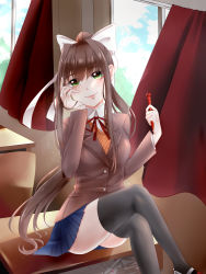 Rule 34 | 1girl, absurdres, artist request, blazer, blue skirt, blush, bow, breasts, brown hair, brown vest, curtains, desk, doki doki literature club, green eyes, hair bow, hair ornament, hand on own cheek, hand on own face, heart, heart-shaped pupils, heart pen, highres, jacket, long hair, looking at viewer, monika (doki doki literature club), pen, red ribbon, ribbon, school, school desk, sidelocks, sitting, skirt, smile, symbol-shaped pupils, thighhighs, very long hair, vest, window