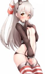Rule 34 | 10s, 1girl, amatsukaze (kancolle), black hat, black panties, boruhis, breasts, brown eyes, brown shirt, closed mouth, cowboy shot, female masturbation, frown, garter straps, hair tubes, hairband, hat, highres, horizontal-striped legwear, kantai collection, long hair, long sleeves, looking at viewer, masturbation, masturbation through clothes, mini hat, mouth hold, panties, pussy juice, shirt, silver hair, simple background, small breasts, solo, standing, striped clothes, striped thighhighs, tareme, thighhighs, twintails, two side up, underwear, very long hair, white background, white panties