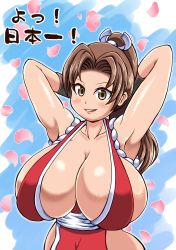 Rule 34 | 1girl, absurdres, armpits, arms behind head, breasts, brown eyes, brown hair, cherry blossoms, cleavage, fatal fury, grin, highres, huge breasts, japanese text, legs, long hair, looking at viewer, shiranui mai, smile, snk, the king of fighters, thick thighs, thighs, translated
