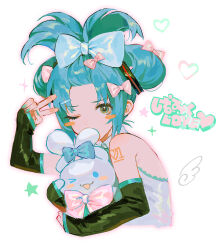 Rule 34 | 1girl, aqua eyes, aqua hair, aqua nails, aqua necktie, arm tattoo, black sleeves, blue bow, blush stickers, bow, cinnamiku, cinnamoroll, commentary, creature, crossover, detached sleeves, ear bow, folded twintails, hair ornament, hairclip, hatsune miku, highres, holding, holding creature, long hair, necktie, one eye closed, pink bow, sanrio, simple background, symbol-only commentary, tattoo, tied ears, twintails, updo, upper body, v, very long hair, vocaloid, white background, yatatashira
