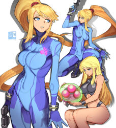 Rule 34 | 1girl, 604yue, artist name, bikini, blonde hair, blue bodysuit, blue eyes, bodysuit, boots, bracelet, breasts, collarbone, commentary, energy gun, english commentary, highleg, highleg bikini, holding, holding weapon, jewelry, long hair, medium breasts, metroid, metroid (creature), nintendo, parted lips, ponytail, ray gun, samus aran, shadow, simple background, solo, swimsuit, toned, toned female, weapon, white background, zero suit