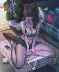 Rule 34 | 1girl, absurdres, animal ear fluff, animal ears, aqua eyes, bare legs, barefoot, bed, belt, blue shorts, breasts, brown hair, cleavage, closed mouth, computer, crop top, cup, drink, fang, fang out, fingernails, full body, green nails, heart, heart-shaped pillow, highres, indoors, jewelry, laptop, lips, logo parody, long hair, magazine (object), maruyama rui, medium breasts, mole, mole under mouth, multicolored nails, nail polish, navel, necklace, open fly, original, panties, pillow, plant, potted plant, red lips, room, rug, see-through, shorts, sitting, smile, solo, star-shaped pillow, sticker, strap slip, striped clothes, striped panties, tail, toenails, underwear, wavy hair, wolf ears, wolf girl, wolf tail, wooden floor