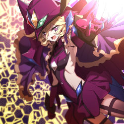 Rule 34 | 1girl, black thighhighs, blonde hair, blurry, capelet, carol malus dienheim, claws, commentary request, depth of field, elbow gloves, gloves, hair between eyes, hat, highres, hinomoto madoka, looking at viewer, open mouth, outstretched arm, purple hair, ribs, senki zesshou symphogear, shiny skin, short hair, skirt, solo, spoilers, teeth, thighhighs, witch hat