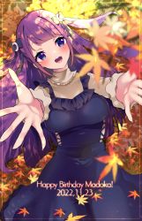 Rule 34 | 1girl, alternate breast size, autumn leaves, birthday, black dress, bow, breasts, crescent, dated, dress, frilled shirt, frills, hair bow, happy birthday, highres, imminent hug, kaguya madoka, long sleeves, medium breasts, mikorin, open mouth, precure, purple eyes, purple hair, purple ribbon, ribbon, shirt, sleeveless, sleeveless dress, solo, star twinkle precure, yellow shirt